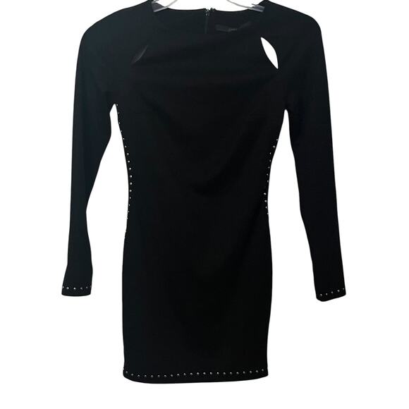 GUESS LONG SLV RND NECK MINI BODYCON DRESS, WOMENS, XS, BLACK & SILVER, ZIPPERS - Picture 1 of 12